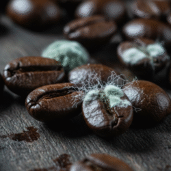 Close-up of coffee beans showing slight, isolated patches of greenish and white mold, illustrating improper drying conditions